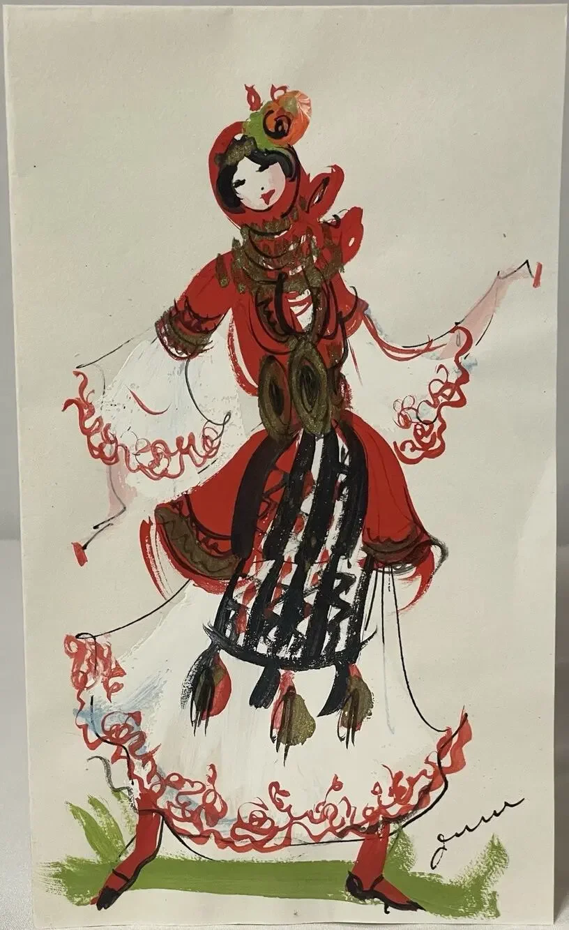 VTG Hand Painted Greeting Card w Envelope Mid Century Woman Red Folk Dress OOAK